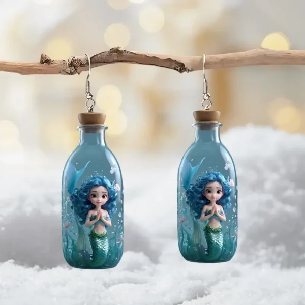 1pair 2D Acrylic Personality Mermaid In Bottle Ocean World Dangle